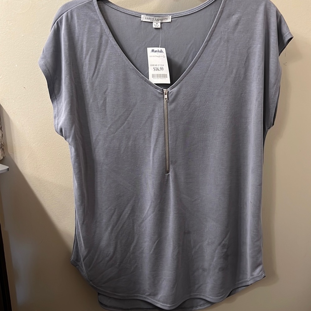 Green Envelope Oversized Gray Blouse with Silver Zipper